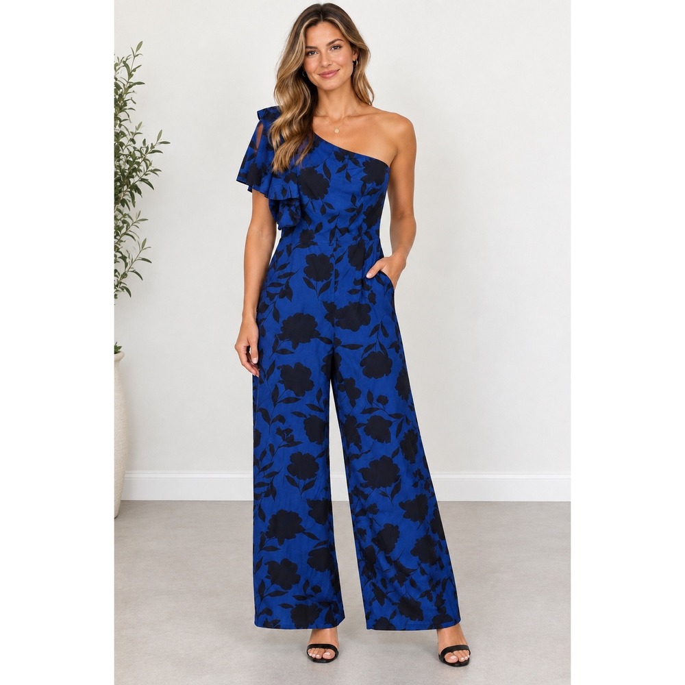 Kate Spade New York Blue Floral One Shoulder Wide Leg Jumpsuit Sz 4 Quiet Luxury